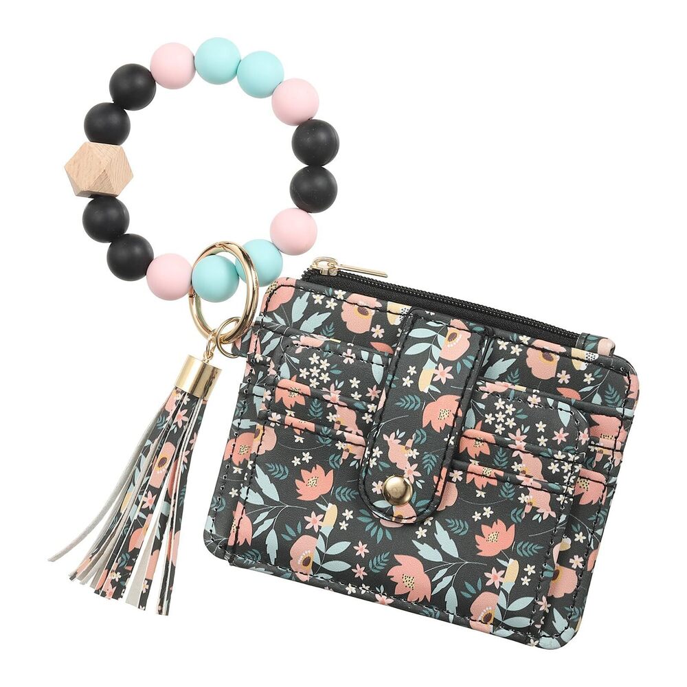 6842 Small Credit Card Wallet with Keychain Wristlet Beads Ring, PU Leather